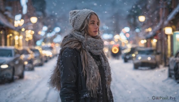 A dynamic view of a female in snowy outdoors