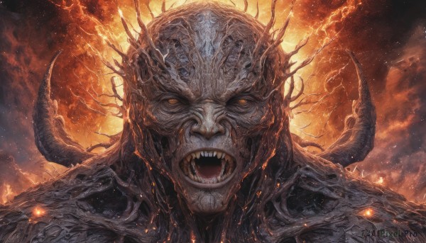 solo,looking at viewer,open mouth,1boy,yellow eyes,male focus,horns,teeth,orange eyes,no humans,glowing,fangs,fire,sharp teeth,portrait,glowing eyes,spikes,monster,giant,alien,embers,sky,cloud,crown,fantasy