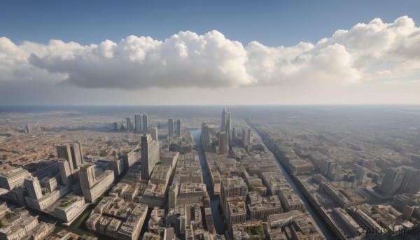 outdoors,sky,day,cloud,water,blue sky,dutch angle,no humans,ocean,cloudy sky,building,scenery,city,horizon,cityscape,landscape,skyscraper