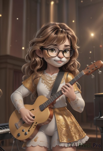 1girl,solo,long hair,looking at viewer,smile,brown hair,long sleeves,dress,holding,brown eyes,jewelry,standing,short sleeves,cowboy shot,glasses,shorts,indoors,blurry,blurry background,instrument,child,freckles,black-framed eyewear,curly hair,music,guitar,layered sleeves,short over long sleeves,playing instrument,holding instrument,bangs,skirt,shirt,green eyes,earrings,lips,wavy hair,facial mark