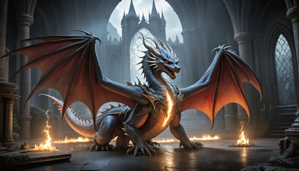 HQ,open mouth,tail,wings,horns,sky,teeth,cloud,indoors,no humans,window,glowing,fangs,fire,sharp teeth,scenery,claws,monster,fantasy,dragon,dragon tail,candle,scales,ruins,pillar,castle,flame,statue,dragon wings,church,breathing fire,red eyes,sword,spikes,stairs