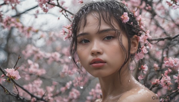 1girl, solo, looking at viewer, short hair, black hair, hair ornament, bare shoulders, flower, outdoors, parted lips, blurry, black eyes, lips, depth of field, blurry background, cherry blossoms, portrait, freckles, realistic, nose, branch