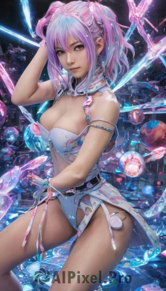 1girl,solo,long hair,breasts,looking at viewer,bangs,large breasts,hair ornament,gloves,cleavage,bare shoulders,twintails,brown eyes,jewelry,medium breasts,underwear,blue hair,swimsuit,pink hair,multicolored hair,earrings,belt,two-tone hair,lips,strap slip,science fiction,realistic,short hair,purple hair,thighs,nail polish,leotard,watermark,hand on own head,planet,orb,floating object