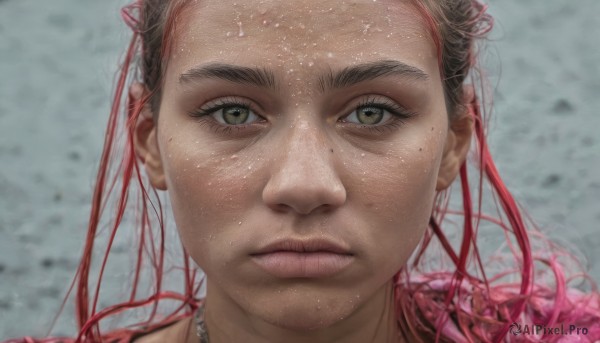 1girl,solo,looking at viewer,brown hair,black hair,brown eyes,jewelry,closed mouth,necklace,mole,blurry,lips,wet,mole under eye,blurry background,portrait,close-up,freckles,realistic,nose,straight-on,mole on cheek,green eyes,yellow eyes,flower,red hair,eyelashes,thick eyebrows,serious,water drop