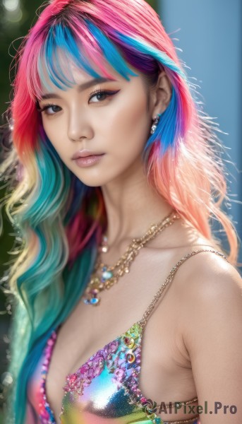 1girl,solo,long hair,breasts,looking at viewer,bangs,blue eyes,cleavage,bare shoulders,jewelry,medium breasts,closed mouth,blue hair,collarbone,swimsuit,upper body,pink hair,bikini,multicolored hair,earrings,small breasts,necklace,blurry,black eyes,two-tone hair,lips,eyelashes,makeup,depth of field,blurry background,watermark,gem,web address,multicolored clothes,pink lips,realistic,nose,colorful,multicolored bikini,rainbow hair,multicolored stripes,artist name,streaked hair,aqua hair,gradient hair,wavy hair,bikini top only