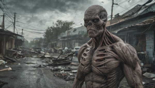 solo, 1boy, outdoors, sky, cloud, no humans, cloudy sky, building, rain, monster, realistic, ruins, house, power lines, utility pole, alien, debris, destruction, rubble