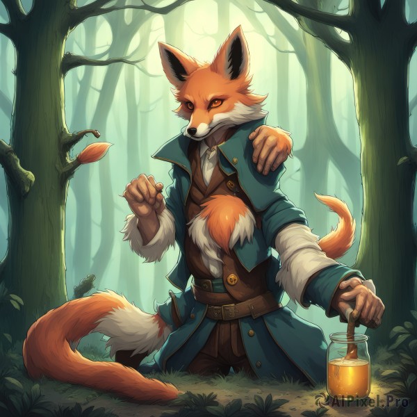 solo,1boy,animal ears,standing,jacket,tail,male focus,outdoors,day,belt,pants,vest,tree,orange eyes,fox tail,watermark,bottle,grass,nature,furry,forest,colored sclera,hand on another's shoulder,furry male,jar,potion,fox