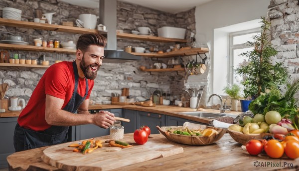 solo,smile,short hair,open mouth,brown hair,shirt,1boy,holding,closed eyes,short sleeves,male focus,food,indoors,apron,cup,window,fruit,facial hair,table,plant,red shirt,beard,realistic,mustache,apple,basket,potted plant,bread,kitchen,tomato,vegetable,arm hair,black apron,counter,lettuce,onion,standing,pants,bottle,knife,denim,t-shirt,plate,mug,laughing,carrot,orange (fruit),jar,lemon,cheese,potato,cutting board