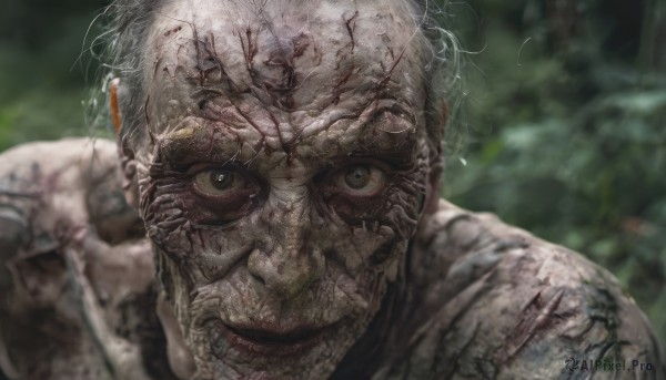 solo,looking at viewer,open mouth,1boy,male focus,teeth,blurry,blood,blurry background,portrait,close-up,realistic,bald,old,old man,jewelry,yellow eyes,earrings,depth of field,bandages,nature,injury,blood on face