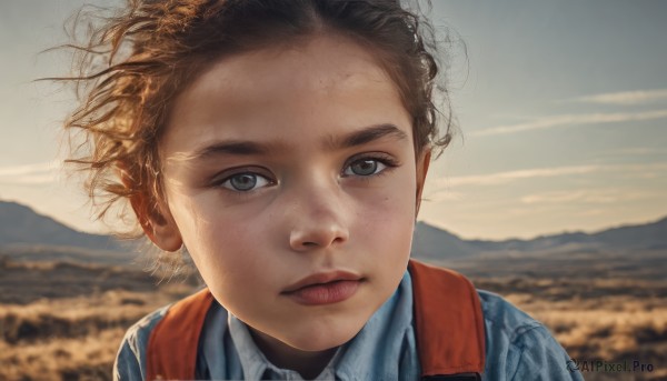 1girl,solo,looking at viewer,short hair,blue eyes,blonde hair,brown hair,shirt,closed mouth,upper body,outdoors,sky,day,collared shirt,cloud,bag,blurry,lips,grey eyes,depth of field,blurry background,backpack,blue shirt,messy hair,child,portrait,freckles,mountain,realistic,brown eyes,mole,expressionless,cloudy sky,wind,close-up,forehead