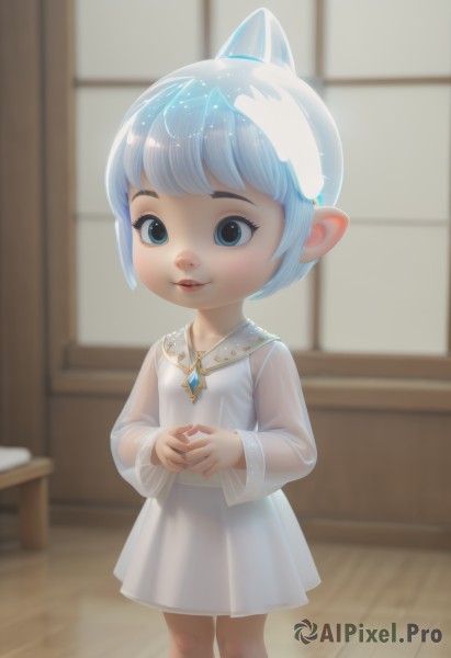 1girl,solo,smile,short hair,bangs,blue eyes,skirt,dress,jewelry,blue hair,standing,ponytail,white hair,parted lips,pointy ears,indoors,necklace,white dress,blurry,lips,see-through,blurry background,child,female child,lalafell,looking at viewer,open mouth,hair ornament,long sleeves,teeth,window,own hands together,wooden floor