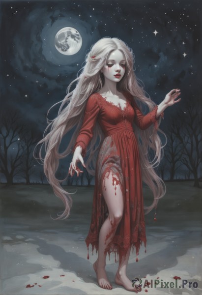 1girl,solo,long hair,breasts,looking at viewer,red eyes,long sleeves,dress,cleavage,medium breasts,very long hair,standing,collarbone,full body,closed eyes,braid,white hair,small breasts,outdoors,parted lips,sky,barefoot,cloud,nail polish,tree,lips,fingernails,see-through,torn clothes,blood,makeup,night,moon,red dress,lipstick,pale skin,star (sky),night sky,red nails,snow,full moon,eyeshadow,starry sky,long fingernails,toenails,blood on face,red lips,blood on clothes,vampire,bare tree,blood splatter,blood on hands,footprints,tears,petals,crying,torn dress