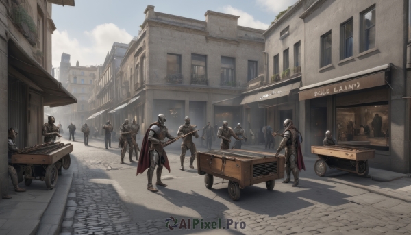 holding,standing,weapon,boots,outdoors,multiple boys,sky,day,sword,cloud,cape,holding weapon,armor,gun,window,shadow,helmet,ground vehicle,shoulder armor,gauntlets,building,scenery,motor vehicle,6+boys,pauldrons,shield,city,car,road,greaves,multiple others,street,knight,people,pavement,6+others,english text,blue sky,holding sword,sheath,rifle,walking,riding,lamppost,full armor,crowd,soldier,truck,cart