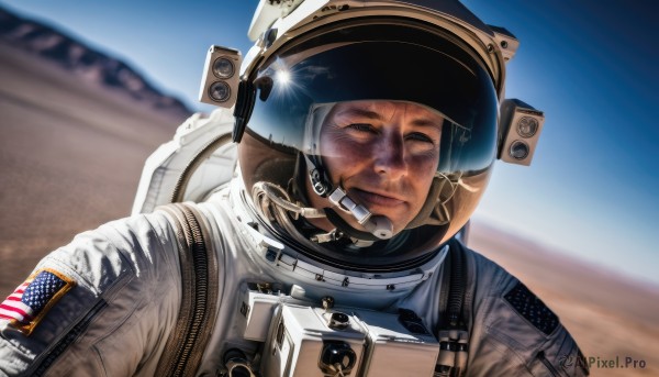 solo,looking at viewer,smile,1boy,closed mouth,upper body,male focus,outdoors,sky,day,blurry,blue sky,blurry background,facial hair,helmet,portrait,reflection,science fiction,realistic,old,american flag,spacesuit,desert,japanese flag,pilot,space helmet,united states,astronaut,closed eyes,space,planet,american flag print