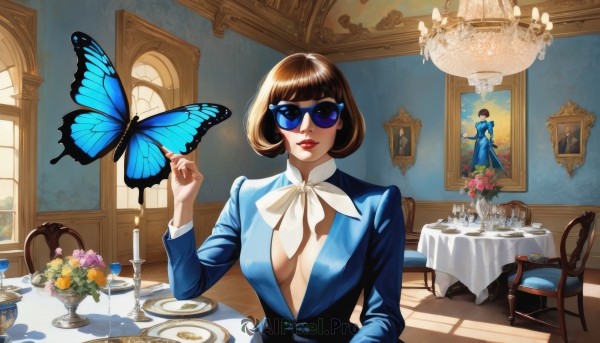 1girl,solo,breasts,looking at viewer,smile,short hair,bangs,large breasts,brown hair,long sleeves,dress,cleavage,medium breasts,sitting,upper body,flower,food,indoors,blunt bangs,cup,lips,window,no bra,makeup,blue dress,chair,formal,table,sunglasses,bob cut,suit,bug,lipstick,butterfly,pink flower,plate,teacup,cake,center opening,red lips,candle,tinted eyewear,vase,blue butterfly,painting (object),candlestand,chandelier,butterfly on hand,ribbon,closed mouth,jacket,day,hand up,mole,clothing cutout,mole under eye,shadow,rose,animal,sunlight,white flower,mole under mouth,facing viewer,drinking glass,reflection,blue flower,mirror,bouquet,yellow flower,nose,wine glass,picture frame,mascara,picture (object),tablecloth,mole above mouth,chalice