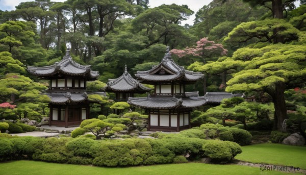 outdoors,sky,day,cloud,tree,no humans,grass,building,nature,scenery,forest,rock,road,bush,architecture,house,east asian architecture,shrine,path,stone lantern,stone,pond