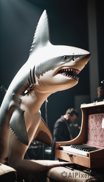 open mouth,multiple boys,teeth,solo focus,indoors,blurry,no humans,animal,sharp teeth,instrument,fish,realistic,music,playing instrument,piano,shark,stuffed shark,grand piano,1boy,black eyes