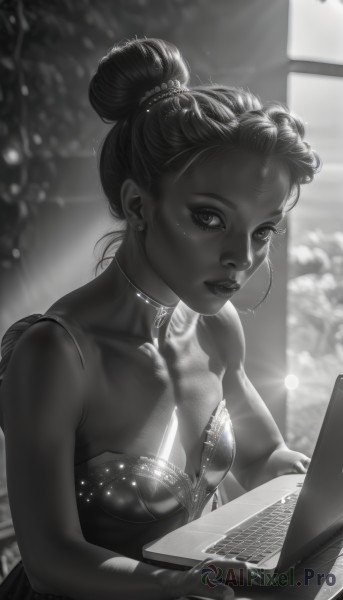 1girl,solo,long hair,breasts,looking at viewer,hair ornament,dress,cleavage,bare shoulders,jewelry,sitting,collarbone,monochrome,upper body,greyscale,earrings,small breasts,parted lips,choker,artist name,indoors,signature,dark skin,hair bun,blurry,dark-skinned female,lips,eyelashes,strapless,double bun,blurry background,single hair bun,forehead,lens flare,realistic,nose,computer,hair pulled back,laptop,medium breasts,nail polish,mole,fingernails,makeup,watermark,web address