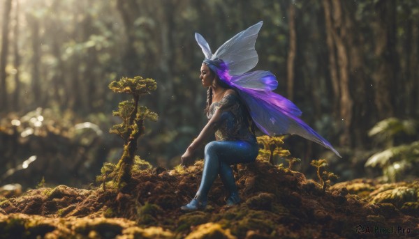 1girl,solo,black hair,1boy,sitting,male focus,outdoors,wings,pants,dark skin,blurry,tree,tattoo,depth of field,sunlight,nature,forest,realistic,antennae,fairy,insect wings,long hair,breasts,hair ornament,animal ears,bare shoulders,purple hair,braid,barefoot,rabbit ears,from side,dark-skinned female,strapless,makeup,blurry background,leaf,plant,light particles,fairy wings,butterfly wings