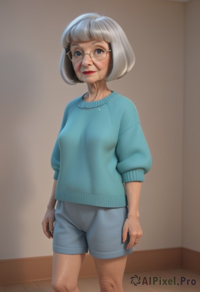 1girl,solo,breasts,looking at viewer,short hair,bangs,blue eyes,long sleeves,closed mouth,standing,grey hair,small breasts,glasses,shorts,indoors,sweater,lips,short shorts,feet out of frame,lipstick,freckles,blue shorts,wooden floor,realistic,nose,round eyewear,arms at sides,red lips,old,blue sweater,wrinkled skin,smile,shirt,parted lips,teeth,makeup,bob cut,ring,blue shirt