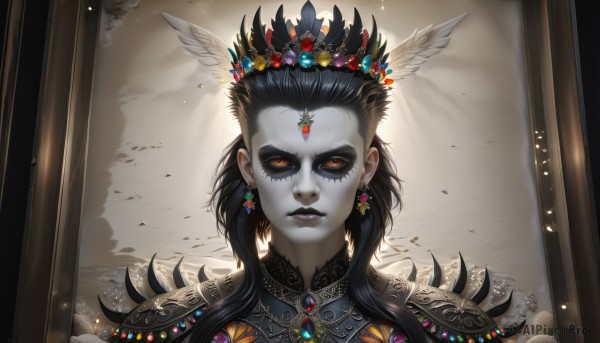 1girl,solo,long hair,looking at viewer,black hair,hair ornament,brown eyes,jewelry,closed mouth,yellow eyes,earrings,artist name,armor,lips,orange eyes,makeup,colored skin,facial mark,tiara,feathers,lipstick,head wings,shoulder armor,gem,pale skin,portrait,eyeshadow,pauldrons,facepaint,shoulder pads,grey skin,forehead jewel,purple lips,black lips,upper body,eyelashes,colored sclera,asymmetrical hair,feather hair ornament