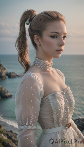 1girl,solo,long hair,breasts,looking at viewer,blue eyes,brown hair,hair ornament,long sleeves,dress,cleavage,jewelry,closed mouth,upper body,ponytail,earrings,small breasts,outdoors,sky,choker,day,belt,water,white dress,blurry,lips,see-through,depth of field,blurry background,ocean,beach,freckles,rock,realistic,nose,white choker,hair pulled back,brown eyes,medium breasts,collarbone,parted lips,high ponytail,backlighting