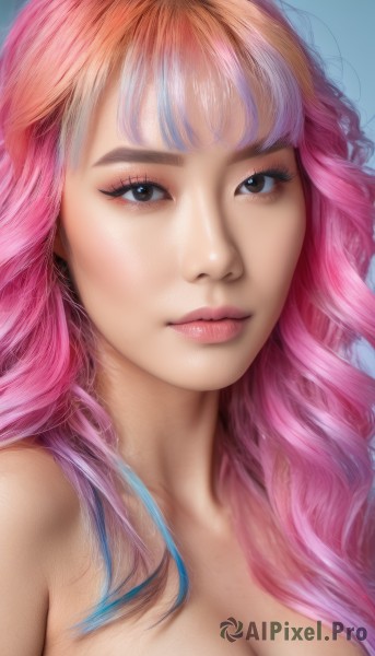 1girl,solo,long hair,breasts,looking at viewer,bangs,cleavage,brown eyes,medium breasts,closed mouth,blue hair,collarbone,upper body,pink hair,nude,multicolored hair,black eyes,two-tone hair,lips,eyelashes,gradient hair,makeup,portrait,eyeshadow,realistic,nose,large breasts,simple background,blue background,close-up