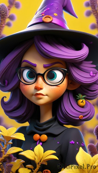 1girl,solo,looking at viewer,blush,short hair,blue eyes,hat,closed mouth,upper body,purple hair,glasses,medium hair,blurry,lips,eyelashes,black headwear,makeup,witch hat,turtleneck,leaf,watermark,thick eyebrows,web address,halloween,freckles,black-framed eyewear,nose,witch,mushroom,bangs,hair ornament,dress,flower,artist name,black dress,yellow background,semi-rimless eyewear,jack-o'-lantern,flipped hair,pumpkin