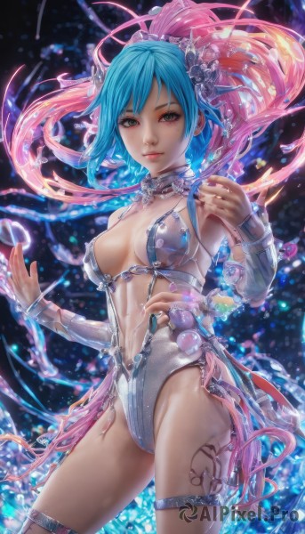 1girl,solo,breasts,looking at viewer,smile,short hair,hair ornament,thighhighs,navel,cleavage,bare shoulders,brown eyes,jewelry,medium breasts,blue hair,multicolored hair,cowboy shot,earrings,detached sleeves,nail polish,bracelet,leotard,lips,tattoo,thigh strap,revealing clothes,realistic,long hair,standing,swimsuit,ponytail,pink hair,choker,artist name,water,mole,collar,see-through,grey eyes,mole under eye,gradient hair,makeup,watermark,web address,center opening