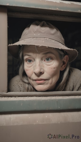 1girl,solo,looking at viewer,blue eyes,hat,closed mouth,grey hair,artist name,lips,grey eyes,window,portrait,freckles,rain,realistic,old,old woman,from outside,jewelry,earrings,mole,mole under eye,water drop