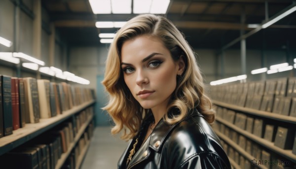 1girl,solo,long hair,looking at viewer,smile,blonde hair,brown hair,brown eyes,jewelry,closed mouth,jacket,upper body,multicolored hair,indoors,medium hair,necklace,blurry,two-tone hair,lips,black jacket,looking to the side,book,makeup,wavy hair,forehead,freckles,realistic,nose,bookshelf,leather,library,leather jacket,blue eyes,from side,open jacket,grey eyes,eyelashes,depth of field,blurry background,portrait