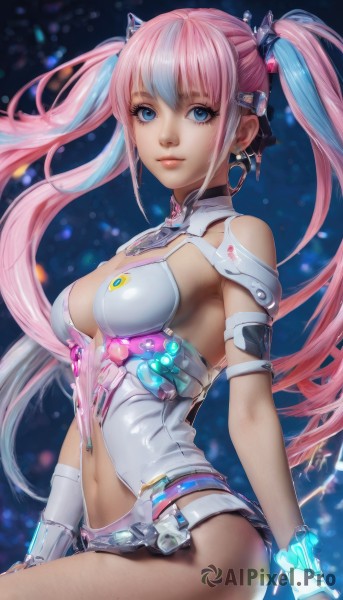 1girl,solo,long hair,breasts,looking at viewer,smile,bangs,blue eyes,hair ornament,gloves,navel,cleavage,bare shoulders,twintails,jewelry,medium breasts,very long hair,blue hair,pink hair,multicolored hair,earrings,fingerless gloves,two-tone hair,leotard,lips,shiny skin,clothing cutout,eyelashes,science fiction,realistic,nose,armlet