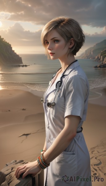 1girl,solo,breasts,looking at viewer,short hair,bangs,blue eyes,blonde hair,brown hair,dress,jewelry,standing,short sleeves,cowboy shot,small breasts,outdoors,parted lips,sky,cloud,water,white dress,bracelet,from side,lips,ocean,beach,sunlight,pocket,sunset,realistic,sand,shore,stethoscope,blush,day,coat,makeup,cloudy sky,nose,labcoat,white coat,watercraft,boat