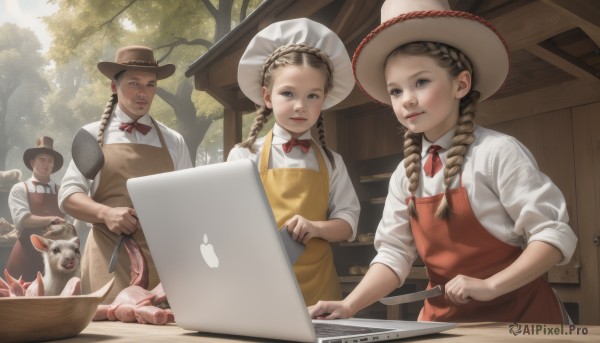 long hair,smile,blue eyes,multiple girls,brown hair,shirt,hat,holding,twintails,white shirt,braid,outdoors,food,day,3girls,black eyes,apron,twin braids,tree,knife,sleeves rolled up,freckles,realistic,basket,holding knife,computer,egg,cooking,laptop,frying pan,kitchen knife,cutting board,red apron,onion,blonde hair,bow,standing,multiple boys,indoors,bowtie,drill hair,sunlight,red bowtie,nature,forest,bowl,dog,top hat,brown headwear,bonnet