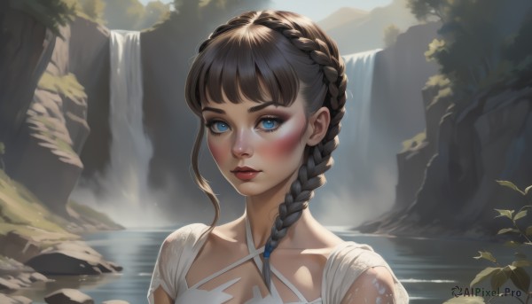 1girl,solo,long hair,looking at viewer,blush,bangs,blue eyes,brown hair,closed mouth,collarbone,upper body,braid,outdoors,parted lips,day,artist name,water,white dress,lips,eyelashes,single braid,makeup,halterneck,lipstick,portrait,nature,hair over shoulder,side braid,rock,nose,red lips,river,waterfall,mascara,black hair,dress,blunt bangs,sunlight,scenery,backlighting,realistic,criss-cross halter,crown braid