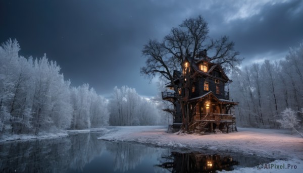 outdoors,sky,cloud,tree,no humans,night,cloudy sky,building,nature,night sky,scenery,snow,forest,lantern,snowing,mountain,architecture,house,winter,east asian architecture,bare tree,fog,pine tree,water,window,reflection,fantasy,tower,landscape,path,chimney