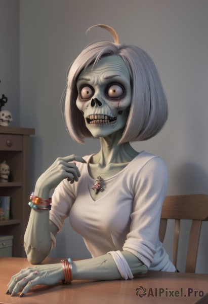 1girl,solo,breasts,short hair,shirt,jewelry,medium breasts,sitting,collarbone,yellow eyes,white shirt,upper body,ahoge,white hair,grey hair,teeth,artist name,indoors,hand up,signature,necklace,nail polish,bracelet,colored skin,chair,table,ring,sleeves rolled up,skull,watch,wide-eyed,green skin,stitches,grey skin,zombie,horror (theme),undead,fingernails,bob cut,monster girl,t-shirt