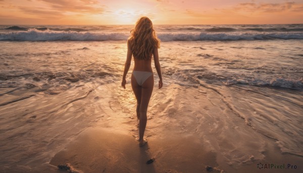 1girl, solo, long hair, brown hair, standing, swimsuit, ass, bikini, outdoors, sky, barefoot, cloud, water, from behind, dutch angle, ocean, back, white bikini, beach, topless, scenery, wading, walking, sunset, sand, arms at sides, horizon, facing away, waves, footprints