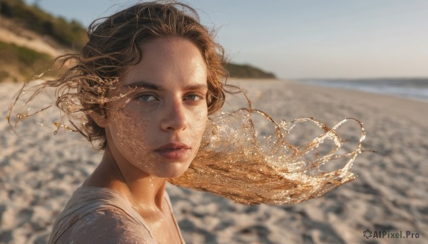 1girl,solo,long hair,looking at viewer,blue eyes,brown hair,shirt,white shirt,outdoors,parted lips,sky,day,water,blurry,lips,grey eyes,floating hair,depth of field,blurry background,ocean,beach,wind,portrait,freckles,realistic,nose,short hair,hair ornament,brown eyes,jewelry,necklace,from side,sunlight,sand,shore