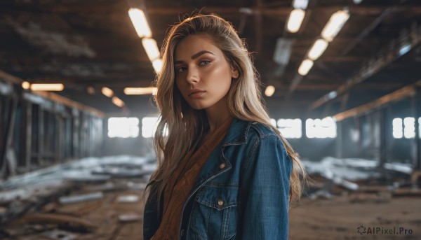 1girl,solo,long hair,looking at viewer,blue eyes,blonde hair,brown hair,jacket,upper body,parted lips,open clothes,indoors,blurry,open jacket,lips,depth of field,blurry background,denim,blue jacket,forehead,freckles,jeans,realistic,nose,leather,denim jacket,shirt,closed mouth,expressionless,thick eyebrows,backlighting,light,photo background,ceiling,ceiling light