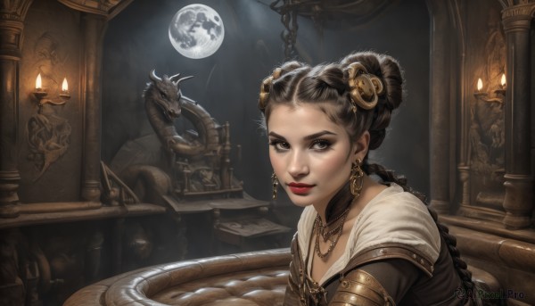 1girl,solo,long hair,looking at viewer,smile,brown hair,black hair,hair ornament,brown eyes,jewelry,closed mouth,upper body,braid,white hair,multicolored hair,earrings,indoors,necklace,hair bun,black eyes,two-tone hair,lips,grey eyes,single braid,double bun,makeup,night,chain,moon,fire,lipstick,full moon,eyeshadow,snake,realistic,dragon,red lips,candle,mascara,multiple braids,horns,eyelashes,skull,nose,fantasy,pillar,gold,statue