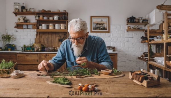 solo,short hair,shirt,long sleeves,1boy,holding,sitting,closed eyes,upper body,white hair,grey hair,male focus,food,glasses,pointy ears,indoors,blurry,facial hair,chair,table,bottle,blue shirt,knife,plant,elf,beard,plate,sleeves rolled up,black-framed eyewear,bowl,spoon,round eyewear,mustache,fork,basket,potted plant,carrot,bread,old,brick wall,old man,shelf,vegetable,counter,wrinkled skin,onion,collared shirt,looking down,realistic,holding knife,jar,tomato,cutting board