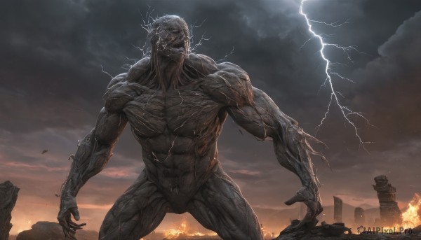 solo,1boy,standing,male focus,outdoors,sky,teeth,cloud,no humans,muscular,glowing,abs,cloudy sky,fire,veins,monster,electricity,giant,ruins,lightning,burning,destruction,open mouth,nude,muscular male,building,smoke,debris,embers