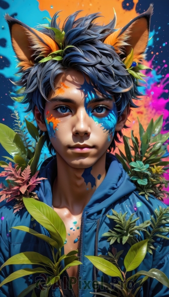 solo,looking at viewer,short hair,blue eyes,black hair,1boy,animal ears,closed mouth,blue hair,collarbone,jacket,upper body,flower,male focus,open clothes,hood,lips,fox ears,eyelashes,leaf,plant,blue jacket,nose,paint splatter,paint,paint splatter on face,artist name,hoodie,hood down,dog ears,extra ears,bodypaint