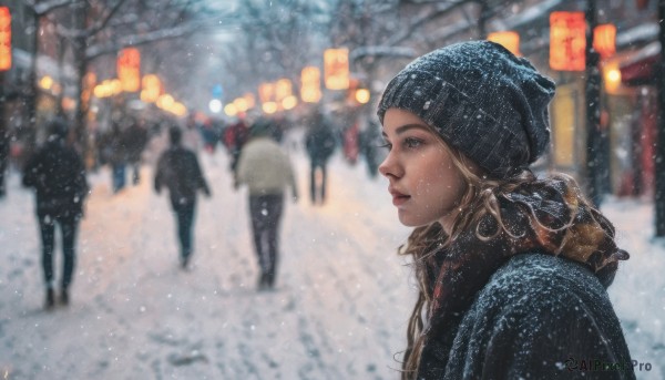 1girl, long hair, blue eyes, black hair, hat, outdoors, parted lips, solo focus, signature, blurry, from side, lips, coat, profile, depth of field, snow, lantern, snowing, realistic, nose, beanie, winter clothes, winter, paper lantern