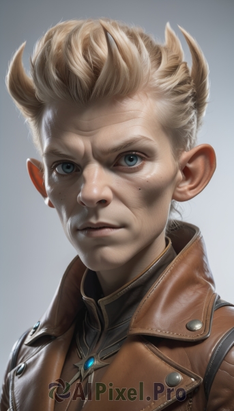 solo,looking at viewer,blue eyes,blonde hair,simple background,1boy,closed mouth,jacket,upper body,male focus,grey background,mole,vest,lips,gradient background,portrait,freckles,high collar,realistic,nose,jewelry,horns,pointy ears,artist name,gradient,mole under eye,watermark,spiked hair,brown jacket,leather,leather jacket