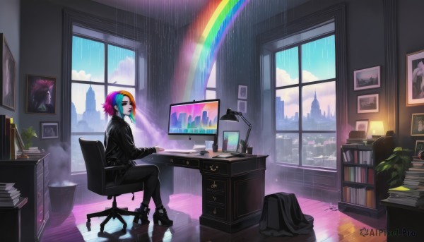 1girl,solo,short hair,blue eyes,long sleeves,sitting,closed mouth,jacket,pink hair,purple hair,pantyhose,red hair,multicolored hair,boots,sky,shoes,day,pants,cloud,indoors,black footwear,high heels,from side,sweater,cup,black jacket,book,black pantyhose,window,headphones,chair,black pants,table,cloudy sky,plant,building,scenery,desk,rain,wooden floor,paper,bookshelf,potted plant,lamp,computer,photo (object),monitor,rainbow,shelf,laptop,book stack,painting (object),keyboard (computer),office chair,mouse (computer),desk lamp,skirt,jewelry,blue hair,green hair,shorts,orange hair,aqua hair,gradient hair,makeup,black sweater,picture frame,office,rainbow hair