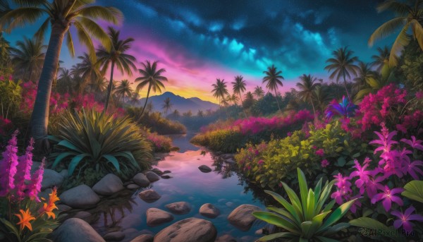 flower, outdoors, sky, cloud, water, tree, no humans, night, plant, star (sky), nature, night sky, scenery, starry sky, reflection, sunset, rock, palm tree