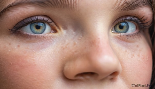 1girl, solo, looking at viewer, brown hair, 1boy, closed mouth, green eyes, male focus, eyelashes, close-up, freckles, realistic, eye focus