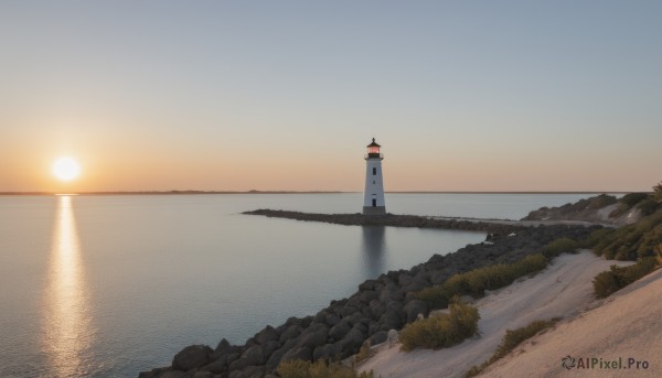 outdoors,sky,cloud,water,tree,no humans,ocean,sunlight,grass,building,scenery,reflection,sunset,rock,sun,horizon,river,tower,landscape,shore,cliff,lighthouse,beach,mountain,sand,road,gradient sky,sunrise,morning